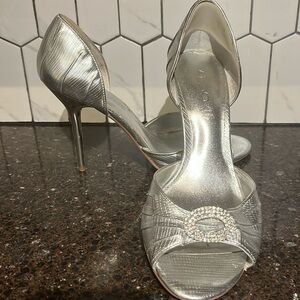 Aldo Silver High Heels Leather Open Toe Stilettos W/ Rhinestones Women's Sz 8